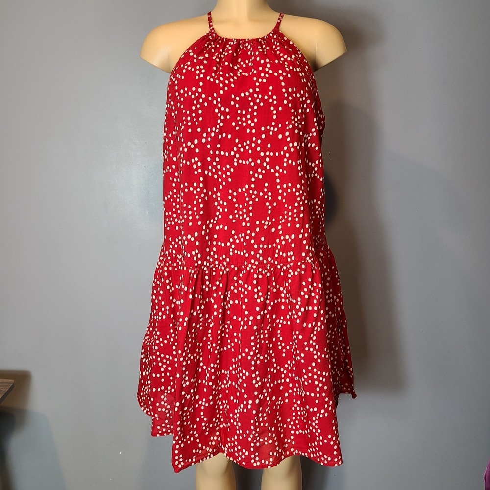 Madewell Jewel Tone Red Polka Dot Drop Waist Mini Dress Retro Resort Preppy Sz S